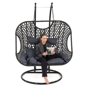 Fotel wiszący ogrodowy dwuosobowy XXL SC-N1 | Czarny | Poduszki szare | OUTLET