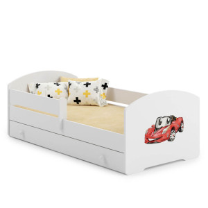 Łóżko dziecięce LUK z szufladą i barierką 70x140 Auto z chorągiewką