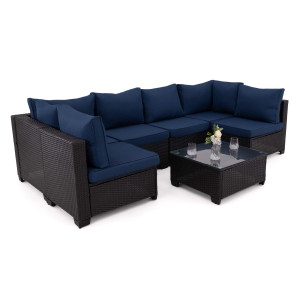 Zestaw mebli ogrodowych z technorattanu ALVANI HK | Czarny | Navy blue poduszki