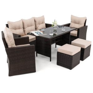 Zestaw mebli ogrodowych dla 7 osób MONAKO | Technorattan | Brąz | Poduszki beżowe OUTLET