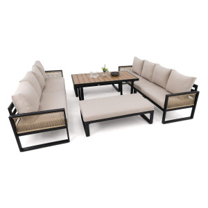 Zestaw mebli ogrodowych RIMINI DUO + Stół Sycylia | Aluminium czarny | Beżowe poduszki OUTLET