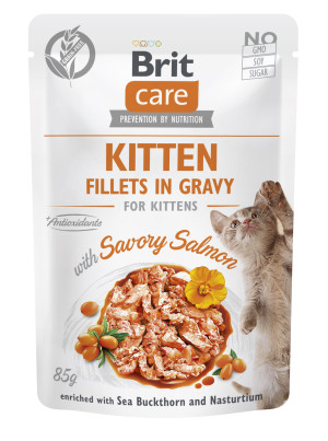 Brit Care Cat Fillets in Gravy, Kitten, łosoś, rokitnik zwyczajny i nasturcja Pełnoporcjowa mokra karma dla kociąt