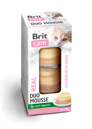 Brit Care Cat Double Layer Real Meat Mousse z kurczakiem oraz kurczakiem i kaczką 6x25g Wilgotna karma uzupełniająca dla kotów.