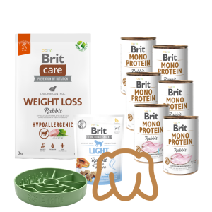 Pakiet Wakacyjny Light & Care: Brit Care Rabbit 3kg + Brit Mono 6x400g + przysmak i miska spowalniająca Spokojna Głowa na Wakacje