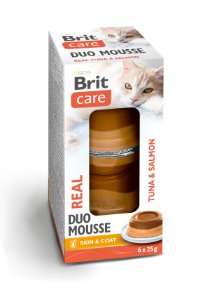 Brit Care Cat Double Layer Real Meat Mousse z tuńczykiem i łososiem 6x25g Wilgotna karma uzupełniająca dla kotów.