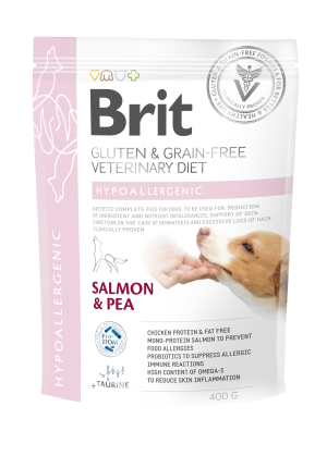 Brit Veterinary Diets Dog Grain Free Hypoallergenic, łosoś z groszkiem, 400g Weterynaryjna karma dla szczeniąt i dorosłych psów z problemami dermatolo