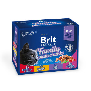 Zestaw Family Plate Brit Premium Cat Pouches Chunks in Gravy, mix smaków w sosie, 12 x 100g Zestaw różnych smaków pełnoporcjowej karmy mokrej w kawałk