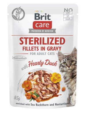 Brit Care Cat Fillets in Gravy Sterilized, kaczka, nasturcja i rokitnik zwyczajny TERMIN 29/10/26 Outlet – krótka data, pełna wartość! Nie marnuj, osz