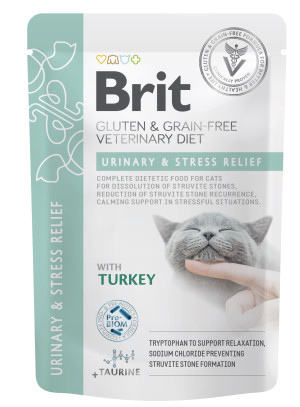 Brit Veterinary Diet Cat Pouches Fillets in Gravy Urinary, Stress & Calm Relief, kurczak z indykiem, 12x85 g Pełnoporcjowa karma dla kotów z probl