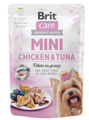Brit Care Mini Pouch, kurczak i tuńczyk, 85 g Pełnoporcjowa karma mokra dla dorosłych psów ras małych i miniaturowych