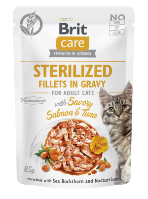 Brit Care Cat Fillets in Gravy Sterilized, łosoś i tuńczyk, 85 g Pełnoporcjowa karma mokra dla dorosłych kotów sterylizowanych