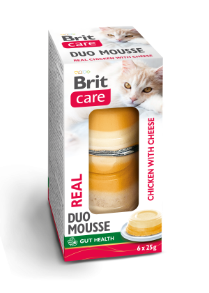 Brit Care Cat Double Layer Real Meat Mousse z kurczakiem oraz kurczakiem i serem 6x25g Wilgotna karma uzupełniająca dla kotów.
