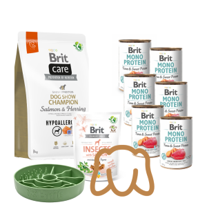 Pakiet Wakacyjny Show Champion: Brit Care 3kg Hypoallergenic + Brit Mono Tuna 6x400g + przysmak i miska spowalniająca Spokojna Głowa na Wakacje