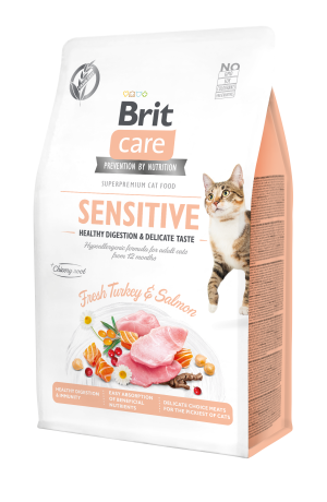 Brit Care Cat Grain-Free Sensitive, indyk i łosoś, 400 g Pełnoporcjowa karma sucha dla dorosłych kotów o wrażliwym przewodzie pokarmowym