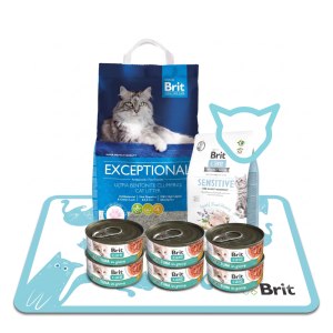 Pakiet Wakacyjny Sensitive: Brit Insect & Herring 400g + Brit Tuna in Gravy 6x80g + żwirek 5l i mata Spokojna Głowa na Wakacje