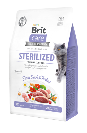 Brit Care Cat Grain-Free Sterilized Weight Control, kaczka i indyk, 400 g Pełnoporcjowa karma sucha dla dorosłych kotów sterylizowanych
