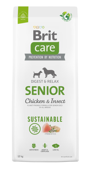 Brit Care Dog Sustainable Senior, kurczak i owady, 12 kg Pełnoporcjowa karma dla starszych psów wszystkich ras