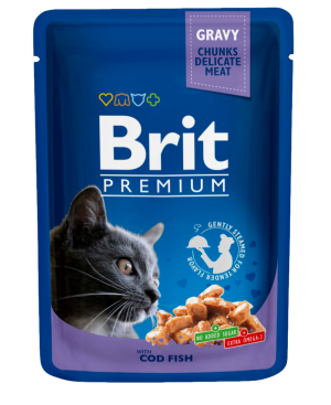 Brit Premium Cat Pouches, dorsz, 100g TERMIN 28/10/26 Outlet – krótka data, pełna wartość! Nie marnuj, oszczędzaj i chroń planetę.