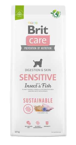 Brit Care Sustainable Sensitive, owady i ryba, 12 kg Pełnoporcjowa karma dla dorosłych psów wszystkich ras o wrażliwej skórze i sierści