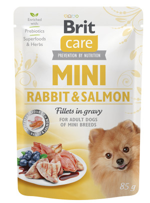 Brit Care Mini Pouch, królik i łosoś, 85 g Pełnoporcjowa karma mokra dla dorosłych psów ras małych i miniaturowych