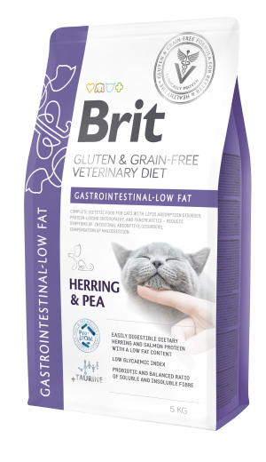Brit Veterinary Diets Cat Grain-free Gastrointestinal Low Fat, śledź i groch, 5 kg Dietetyczna karma dla kotów z zaburzeniami trawienia