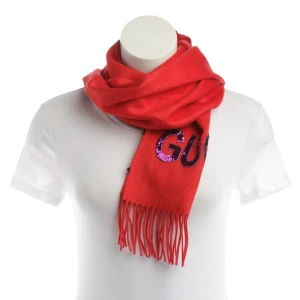 Gucci Schals (rot) Wolle / Seide - gebraucht, mit Fransen & Pailletten-Logo