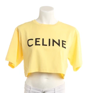 Céline T-Shirts (gelb, Gr. S) Baumwolle - gebraucht, Damen Logo-Print auf der Brust, gerippter Rundhalsausschnitt