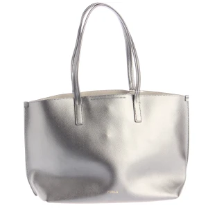 Furla Shopper (silber) Leder - gebraucht, Schultertasche mit Metallic-Finish & Logo-Prägung