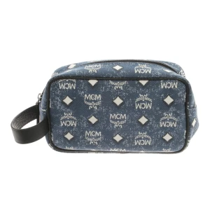 MCM Kosmetiktasche (blau) Polyester / Leder - gebraucht, Kulturbeutel mit MCM Visetos Monogramm-Print & Seitlicher Tragegriff aus genarbtem Leder