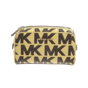 Michael Kors Kosmetiktasche (gelb) Polyurethan - gebraucht, mit All-over Logo-Print & Goldfarbene Logo-Plakette