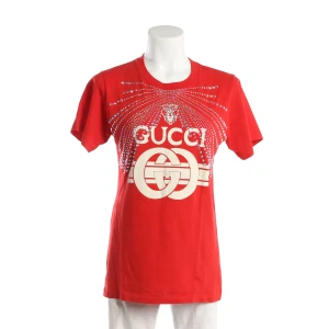 Gucci Shirt (rot, Gr. L) Baumwolle - gebraucht, Damen, T-Shirt mit Logo-Print auf der Vorderseite & Strassstein-Verzierung