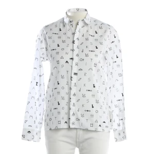 Kenzo Bluse (weiß, Gr. 36) Baumwolle - gebraucht, Damen, Hemdbluse mit Allover-Print mit abstrakten Symbolen und Buchstaben & Knopfleiste