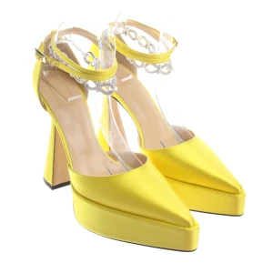 Mach & Mach Double Bow Klassische Pumps (gelb, Gr. EUR 40) Seide / Leder - gebraucht, Pumps mit Spitz zulaufende Kappe & Plateau-Sohle