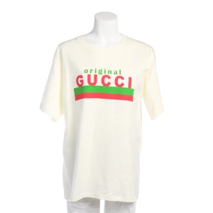 Gucci Shirt (beige, Gr. S) Baumwolle - gebraucht, mit Frontprint mit Gucci Logo & Schriftzug 'original'