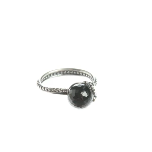 Pandora Ringe (silber) 925er Sterling Silber / Edelstein - gebraucht, Ring mit großer facettierter schwarzer Stein & florale Ornamentik am Stein