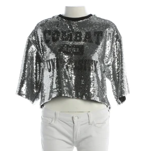 MSGM Shirt (silber, Gr. 36) Polyester - gebraucht, Damen, Top mit Paillettenbesatz & Schriftzug-Print