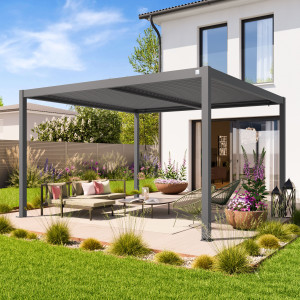 PRIMEYARD 4x4m Pergola in Perlgrau; mit Lamellendach in Perlgrau - (400128)