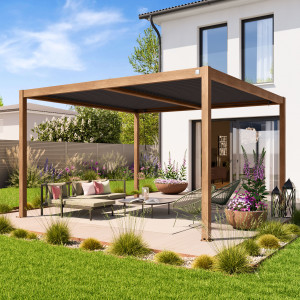 PRIMEYARD 4x4m Pergola in Holzoptik; mit Lamellendach in anthrazit - (400131)
