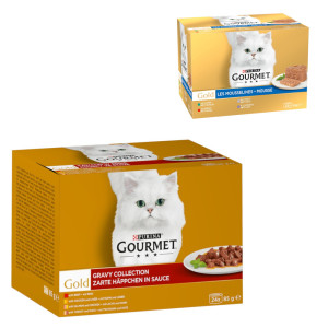 Megapakiet Gourmet Gold, 96 x 85 g + pakiet mieszany mięsny Feine Pastete, 24 x 85 g gratis! - Wykwintne kawałki w sosie