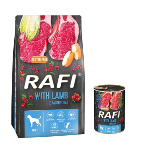 Pakiet mieszany Rafi Adult, 10 kg + 24 x 400 g - Zestaw I: 10 kg z jagnięciną + 24 x 400 g Pastete, z jagnięciną, jagodami i żurawiną