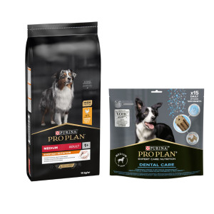PURINA PRO PLAN: karma sucha dla psa, 12 kg / 14 kg + przysmaki dla psa gratis! - Medium Adult Everyday Nutrition, kurczak i ryż, 14 kg + Dental Care Medium Dog, 345 g