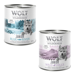Pakiet mieszany Wolf of Wilderness JUNIOR  - 24 x 800 g: 12x kurczak i łosoś, 12x kaczka i cielęcina