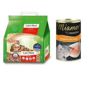 Cat's Best Original, żwirek zbrylający się + 135 ml Miamor Vitaldrink, napój dla kota gratis! - Original, 5 l (ok. 2,1 kg) + Kurczak, napój dla kota, 135 ml