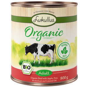 Korzystny pakiet Lukullus Organic Adult, 12 x 800 g - Wołowina z jabłkiem (bez glutenu)
