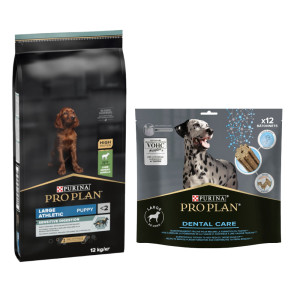 PURINA PRO PLAN: karma sucha dla psa, 12 kg / 14 kg + przysmaki dla psa gratis! - Large Athletic Puppy Sensitive Digestion, jagnięcina, 12 kg + Dental Care dla dużych psów (25-40 kg), 426 g (