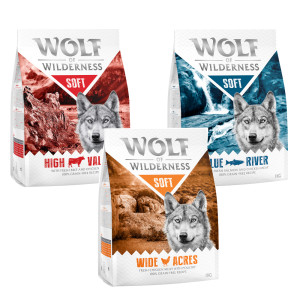 Mieszany pakiet Wolf of Wilderness Adult - "Soft & Strong" Mix, kurczak, wołowina, jagnięcina, 3 x 1 kg