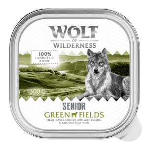 Wolf of Wilderness Senior - receptura dwubiałkowa, 6 / 24 x 300 g w tackach - 24 x 300 g: Green Fields - jagnięcina i kurczak