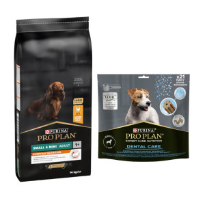 PURINA PRO PLAN: karma sucha dla psa, 12 kg / 14 kg + przysmaki dla psa gratis! - Small & Mini Adult Everyday Nutrition, kurczak i ryż, 14 kg + Dental Care dla małych psów (7-12 kg), 345 g (2