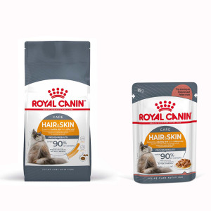 Małe opakowanie Royal Canin Special Care + 12 x 85 g karma mokra Royal Canin - Hair & Skin Care, 4 kg + Hair & Skin Care w sosie, 12 x 85 g