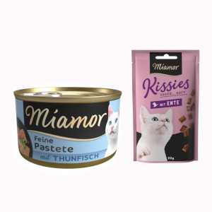 Miamor: Pastete, karma mokra, 12 x 85 g + Kissies z kaczką, przysmak dla kota, 50 g gratis! - Tuńczyk
